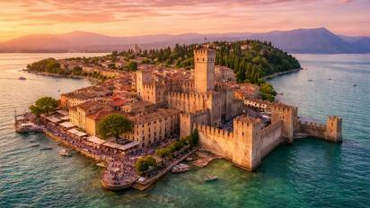 Sirmione au bord du lac de Garde, château Scaliger et panorama sur les eaux turquoise