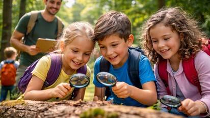 Classe verte avec groupe d’enfants participant à des activités nature lors d’un voyage scolaire organisé