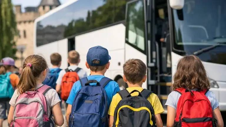 Excursion scolaire d’un jour en autocar avec groupe d’enfants, sacs à dos, voyage organisé pour écoles