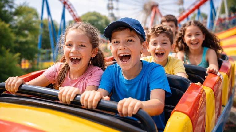 Enfants profitant d’une attraction dans un parc d’attractions lors d’un voyage scolaire organisé