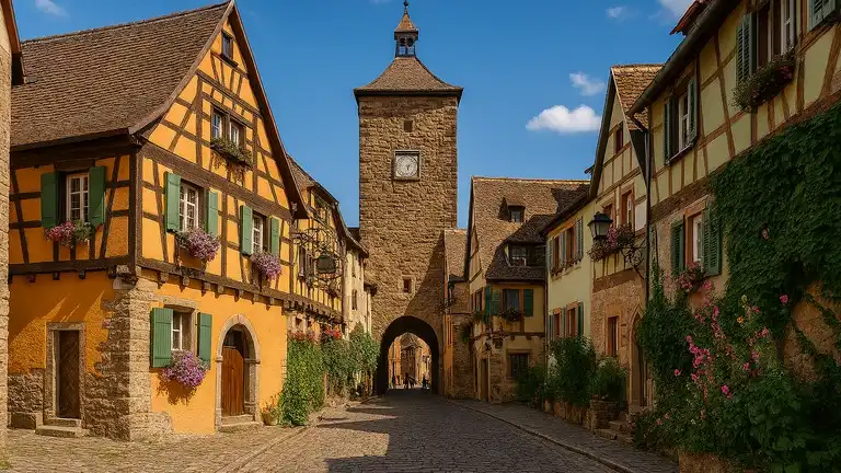 Excursion d'une journée dans un village pittoresque en Europe, ciel bleu et soleil