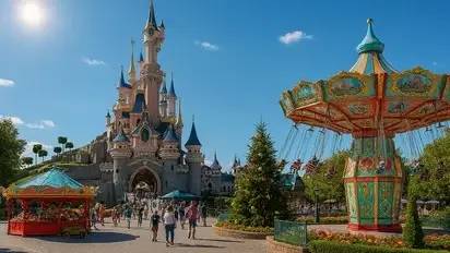 Parc à thème européen avec château féerique, manèges colorés et ciel bleu ensoleillé