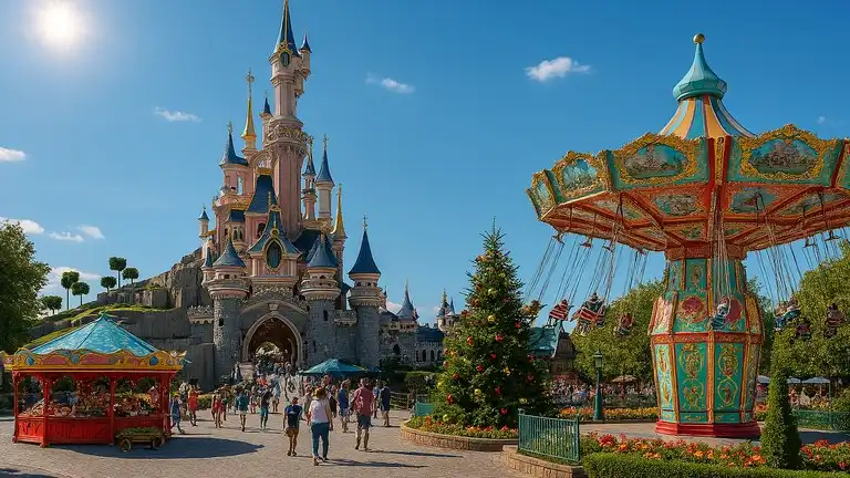 Parc à thème européen avec château féerique, manèges colorés et ciel bleu ensoleillé