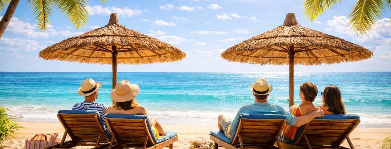 Vacances en bord de mer avec palmiers, parasols, chaises longues et touristes de dos sous le soleil