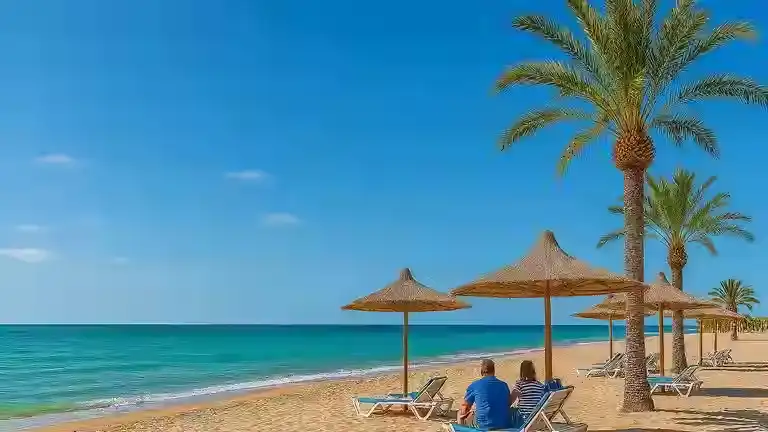 Vacances en bord de mer avec palmiers, parasols, chaises longues et touristes de dos sous le soleil