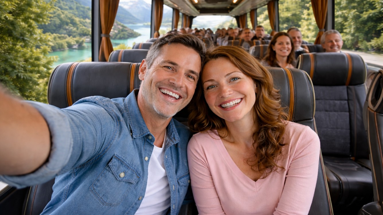 Groupe de voyageurs souriants dans un autocar grand tourisme, en route vers une destination en Europe