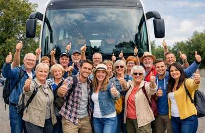 Voyageurs souriants devant un autocar levant le pouce