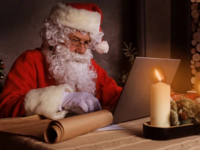 Père Noël assis devant un ordinateur portable, consultando ses demandes par e-mail