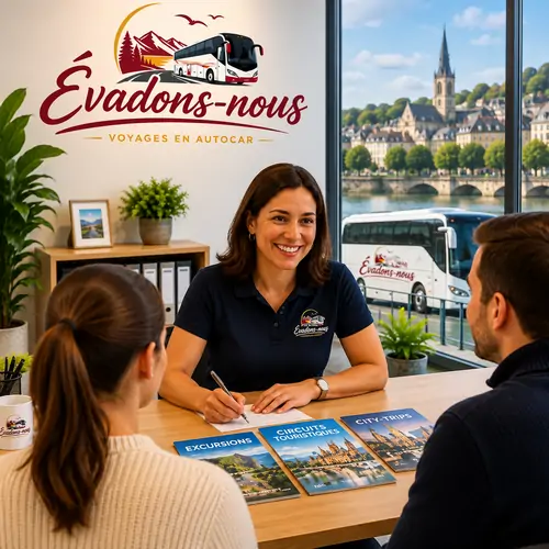Conseillers de l’agence Évadons-nous accueillant des clients pour l’organisation d’un voyage en autocar