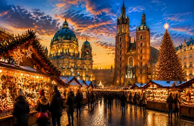 Marché de Noël à Cracovie en Pologne lors d’un voyage en autocar en Europe centrale