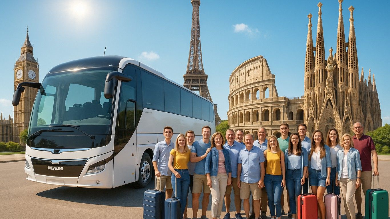 Autocar grand tourisme blanc devant des monuments d’Europe sous ciel bleu