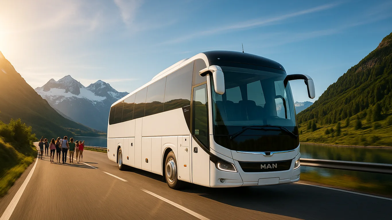 Autocar MAN Lion’s Coach blanc devant un panorama européen